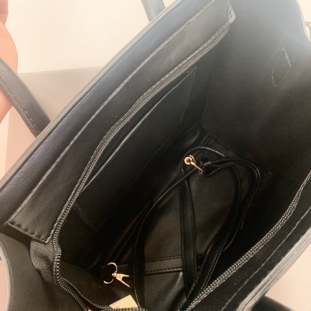 Phantom Top Handle Open Tote Handbag with Zipper Closure in Black Faux Leather - Picture 5 of 5